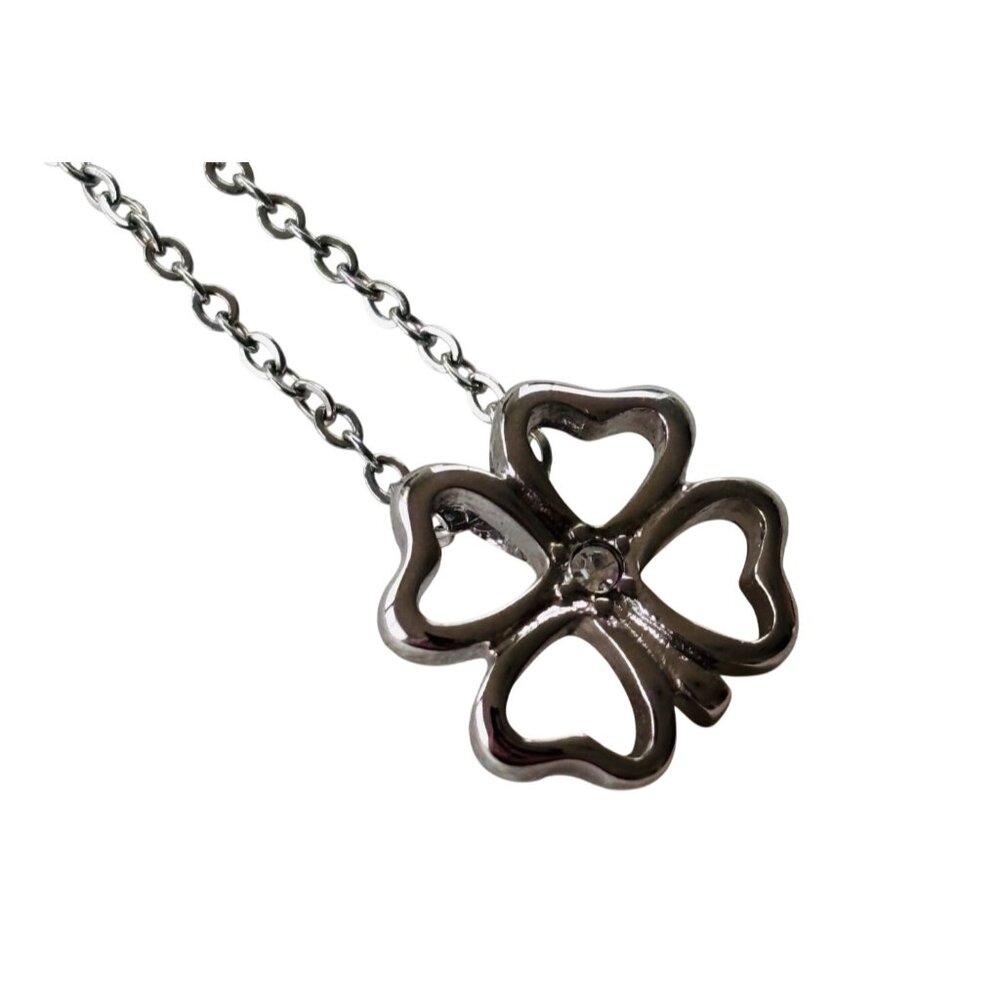 Fossil Silver Four-Leaf Clover Pendant Necklace With Heart Cutouts & Chain